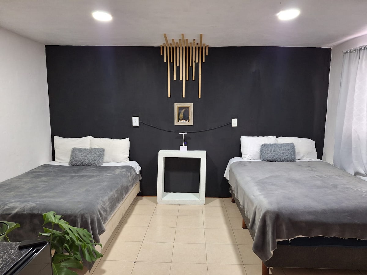 A simple yet stylish loft bedroom features two spacious beds, each adorned with soft gray blankets. A small decorative piece is displayed on the wall above a minimalist white pedestal. Natural light softens the dark wall, while sheer curtains frame the window.
