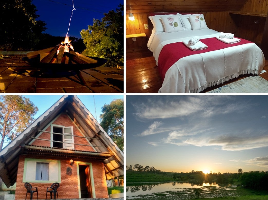A nighttime campfire setup is surrounded by greenery, casting a warm glow. A cozy sleeping area features a bed with floral accents and white bedding, complemented by soft lighting. A charming cabin with a sloped roof and outdoor seating is framed by trees. A serene view captures a sunrise over a lake, reflecting vibrant colors.