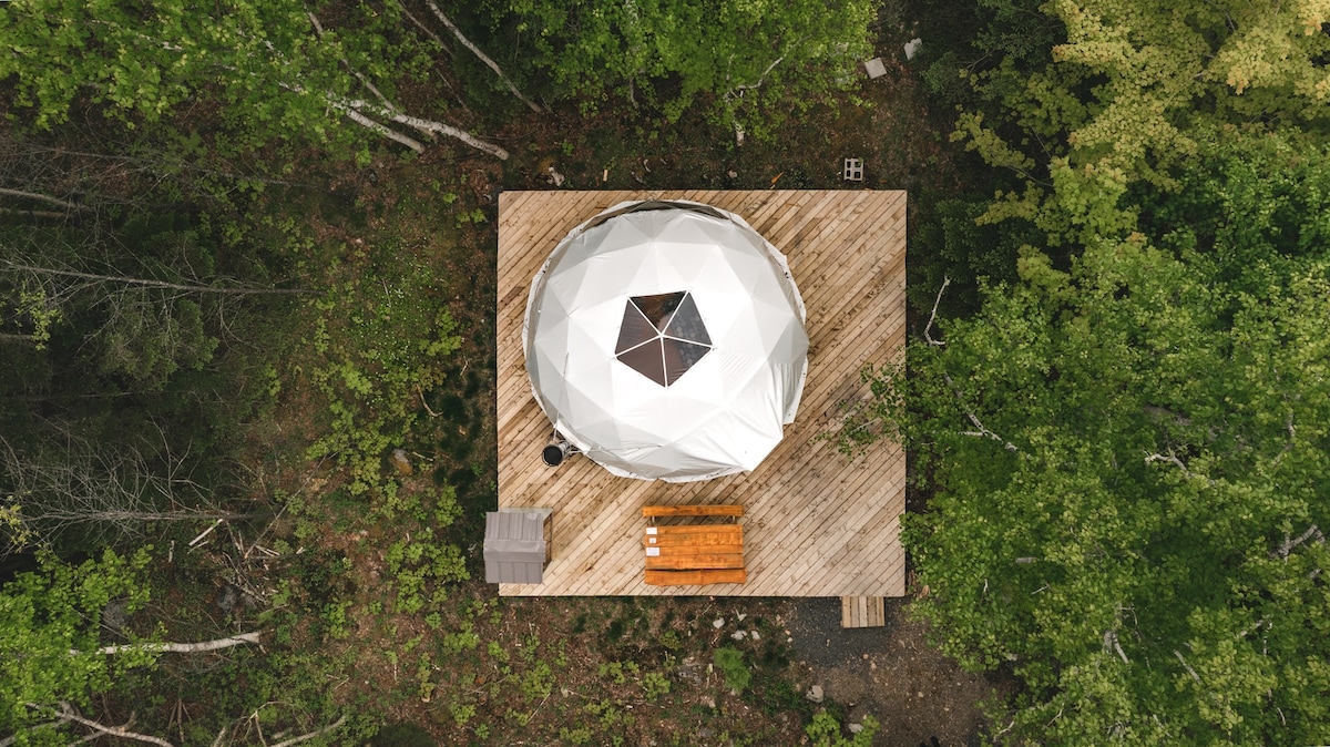 An overhead view captures a geodesic dome set on a wooden platform, surrounded by lush greenery. A picnic table is positioned nearby, while a patio area is visible, offering space for relaxation. The natural forest backdrop enhances the secluded atmosphere.