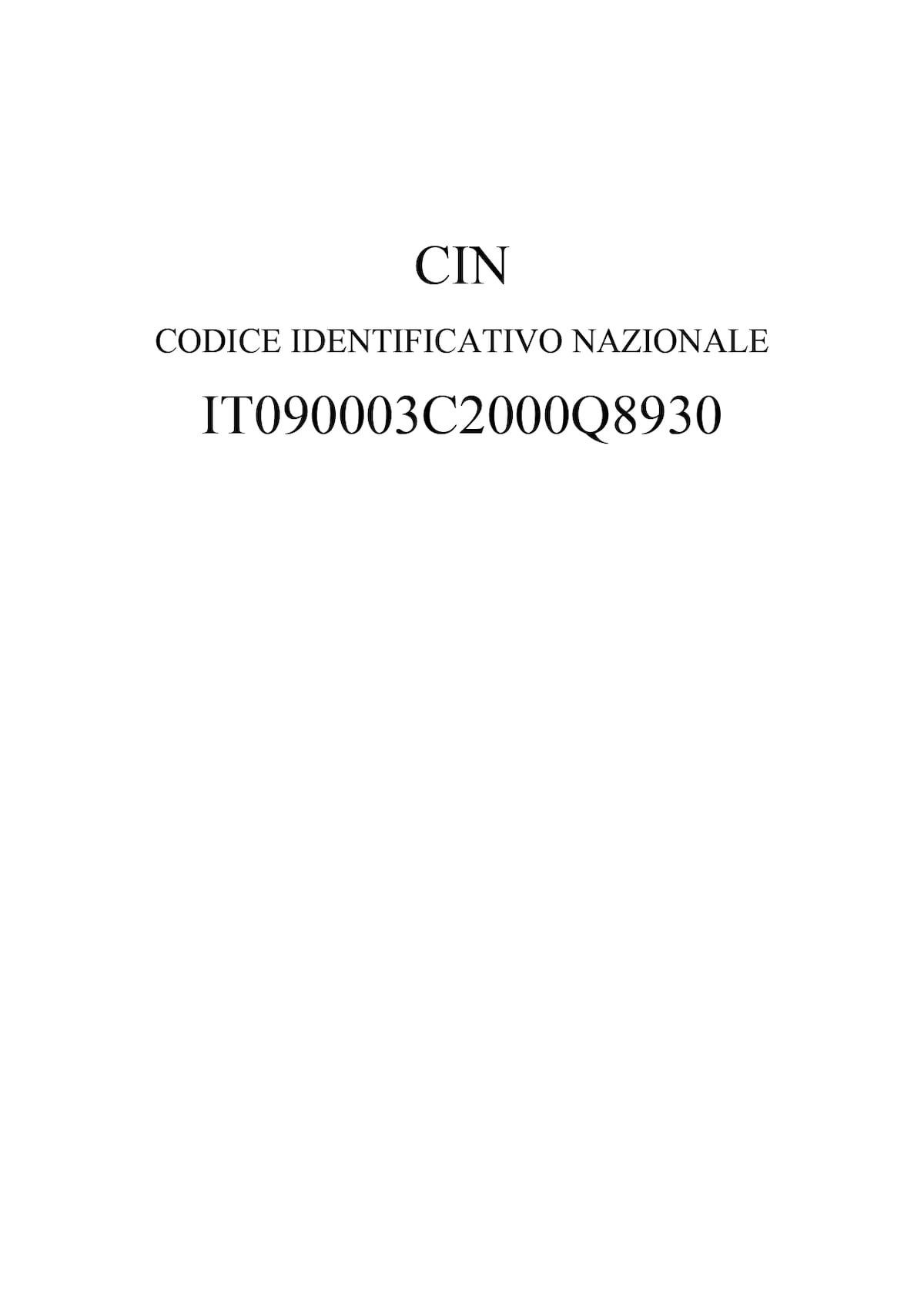 A blank page displays a formal heading labeled 'CIN' followed by 'CODICE IDENTIFICATIVO NAZIONALE' and an identification code. The simplicity of the layout is emphasized, with clean lines and clear text.