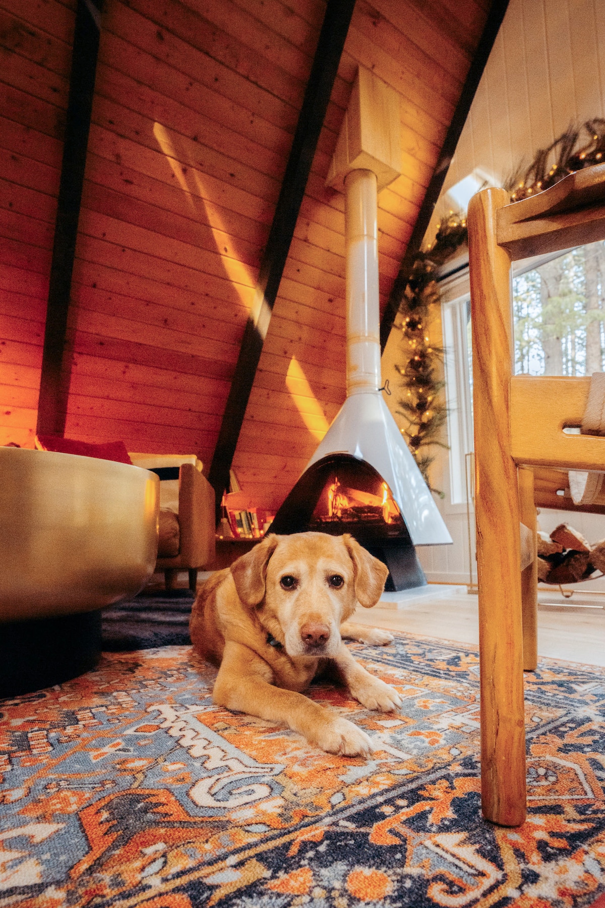 A welcoming living area is highlighted by an inviting fireplace beneath vaulted ceilings. A medium-sized dog rests comfortably on a colorful area rug, contributing to the cozy atmosphere. Nearby, a stylish sofa and wooden chairs complement the rustic charm of the A-Frame cabin.