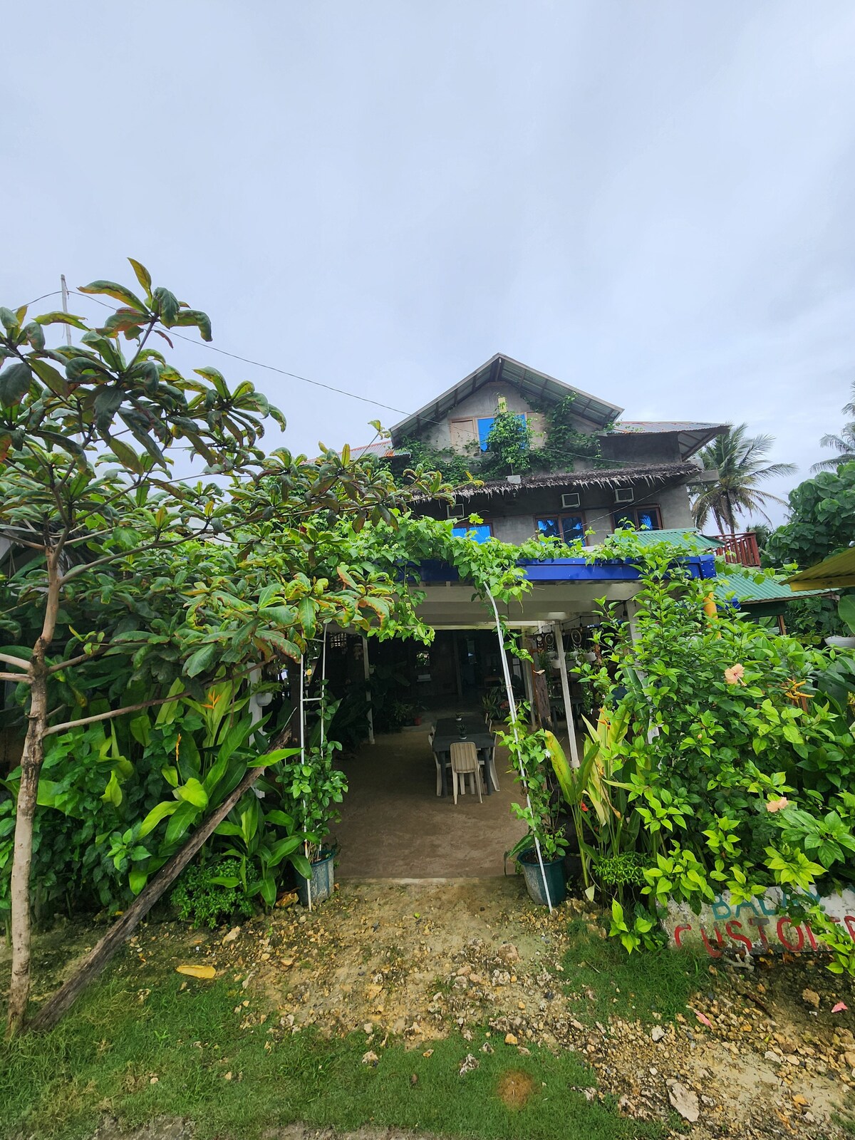 The exterior of a multi-level house is surrounded by lush greenery and vibrant plants. A welcoming pathway leads to a covered entrance area with outdoor seating amidst a garden atmosphere, inviting guests to explore the surroundings.