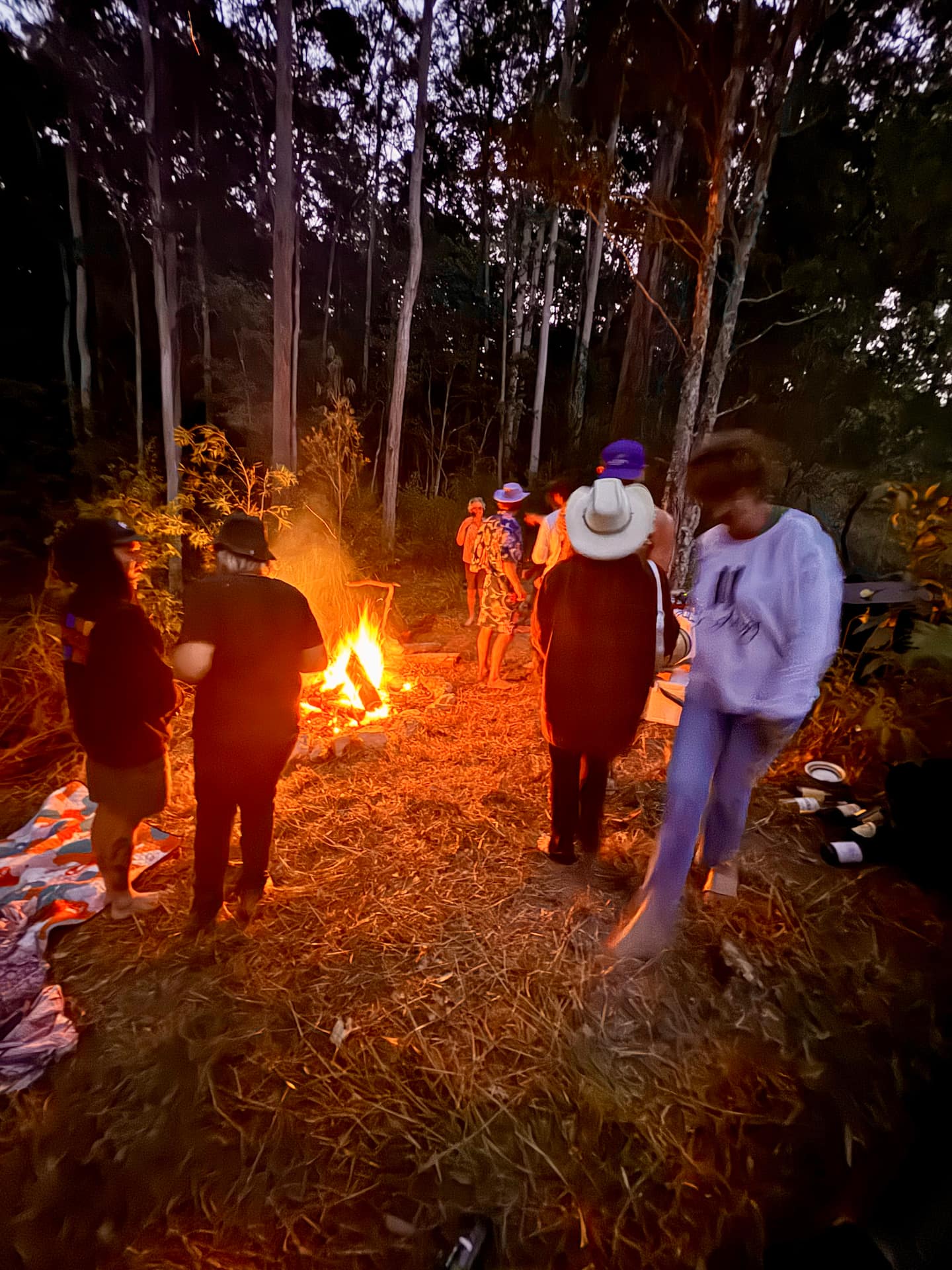 Group around the fire pit at night