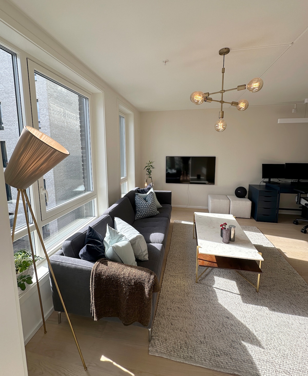 A living area features a cozy gray sofa adorned with decorative cushions and a soft throw. A marble coffee table is placed on a textured area rug. Large windows provide natural light, while a modern light fixture and a television complete the space.