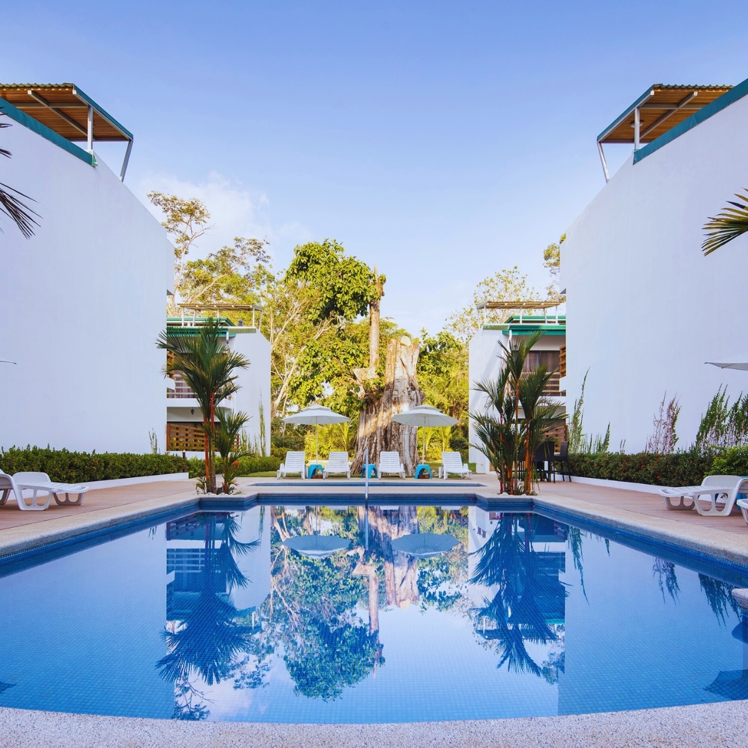 A serene pool area is framed by tropical greenery and white buildings. Lounge chairs are positioned around the water, while a small fountain creates a gentle water feature. The clear blue sky reflects off the pool's surface, enhancing the tranquil ambiance.