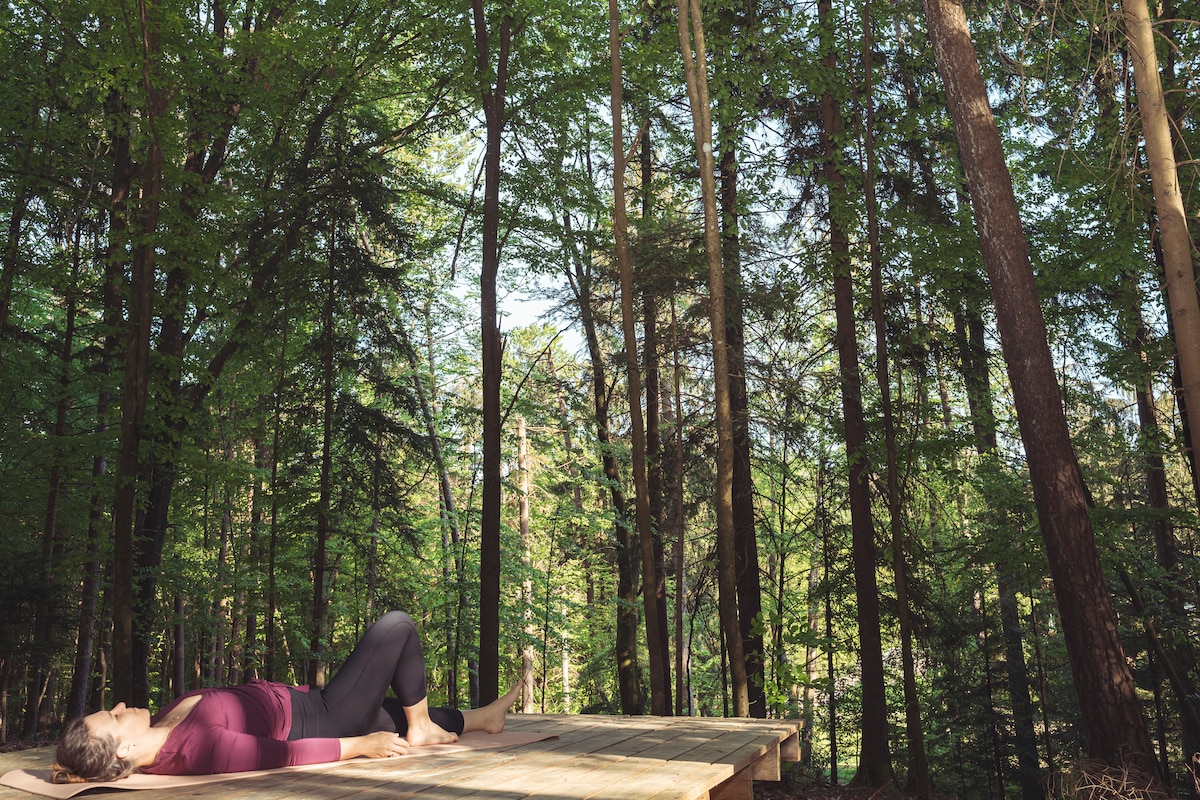 A wooden yoga platform is set on a small clearing surrounded by tall trees, creating a serene atmosphere for morning routines. Sunlight filters through the leaves, casting dappled shadows on the floor, while the forest backdrop enhances the sense of tranquility.