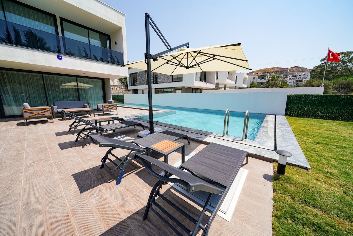 The outdoor area features a swimming pool accompanied by comfortable loungers. An umbrella provides shade for relaxation. The well-maintained lawn borders the pool area, and modern architecture is visible in the background, emphasizing a harmonious blend of leisure and design.