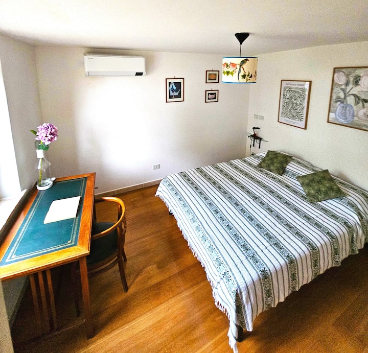 Chumba cha kulala cha ghorofa ya chini chenye kituo cha kazi na mwonekano wa bustani