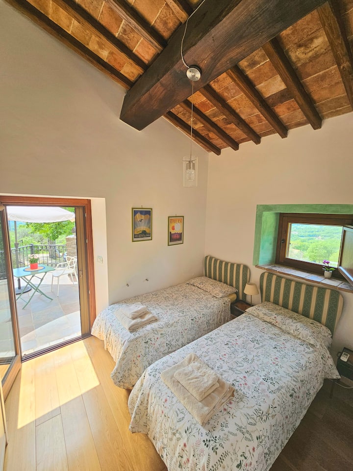 Chumba cha watu wawili chenye vitanda viwili vya mtu mmoja na mandhari ya mtaro