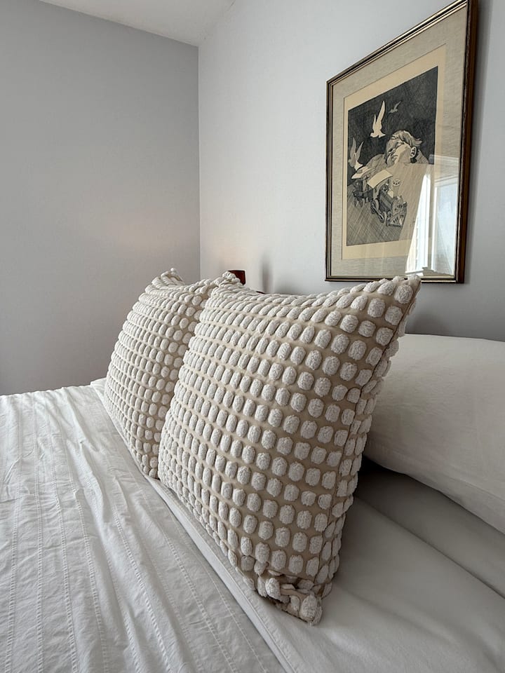 مرتبة غرفة النوم الرئيسية ذات الحجم الكبير الراقي. جميع ملاءات وبياضات فندق البوتيك الأبيض. يؤدي الباب إلى دش منفصل للحمام وحوض استحمام يطل على النهر وشروق الشمس. سطح علوي خاص في الطابق الأخضر السابع. المشي في الخزانة