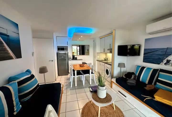 Salon rénové, TV HD chaînes internationale, clim réversible, 2 canapés lit très haut confort pour 2 ou 3 personnes