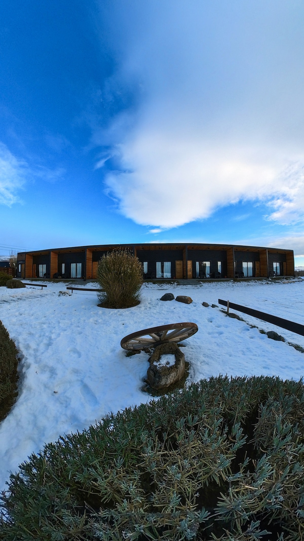 A modern building is surrounded by a snowy landscape and well-maintained shrubbery. The structure has large windows and a wooden facade, offering an inviting appearance. A decorative feature with natural elements is seated in the foreground, contrasting with the white snow and vibrant blue sky.