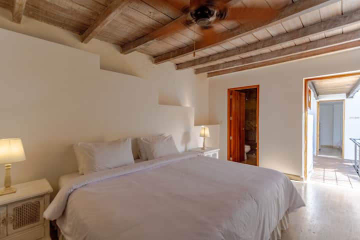Carmen room, the largest in the house, with combined configuration: 1 king size bed or 2 full size beds. High wooden ceilings, air conditioning, a fan and outdoor access create a spacious, cool and quiet space, ideal for families or groups.