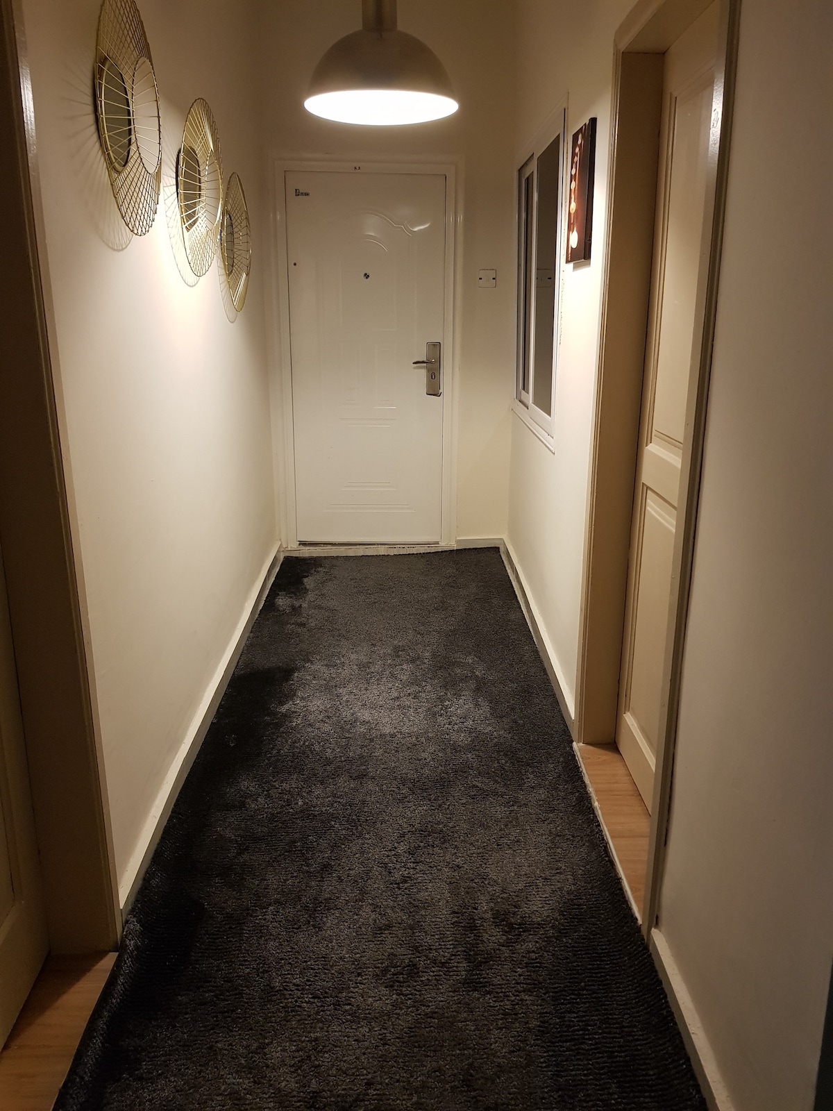A hallway features a dark carpet runner that complements the light-colored walls. Decorative round wall hangings are arranged near the ceiling, adding visual interest. A white door is positioned at the end of the corridor, with a window providing natural light from the side.