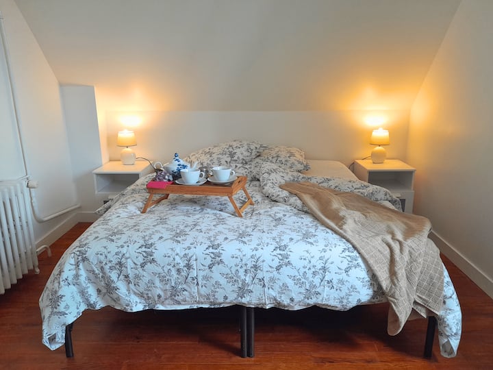 Chambre n°2 avec deux lits jumeaux de 80 x 190 cm, transformables en un grand lit en 160 x 190 cm grâce à un surmatelas - Vue sur le jardin