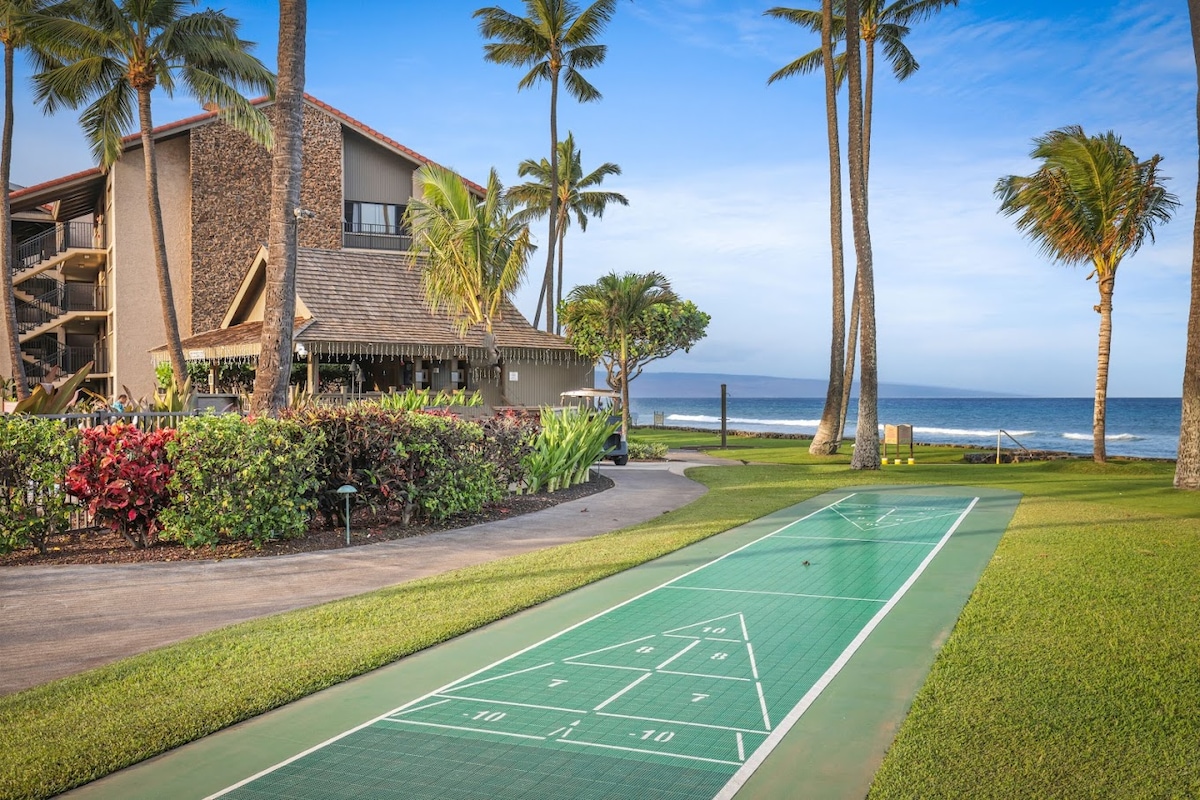A well-maintained shuffleboard court is positioned on lush green grass, with palm trees gently swaying nearby. The ocean glistens in the background, while a multi-story building with a thatched roof is visible to the left, complementing the tropical landscape.