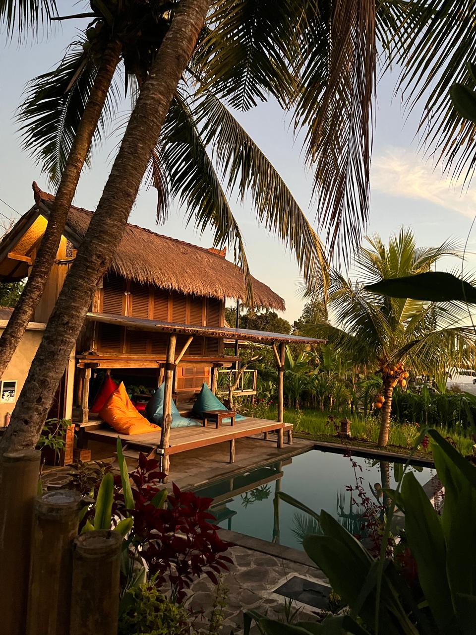 A rustic cabin is nestled among lush greenery, framed by swaying palm trees. A private pool reflects the surrounding nature, while colorful cushions are arranged on a spacious deck area. The thatched roof adds a traditional touch, enhancing the serene ambiance of the setting.