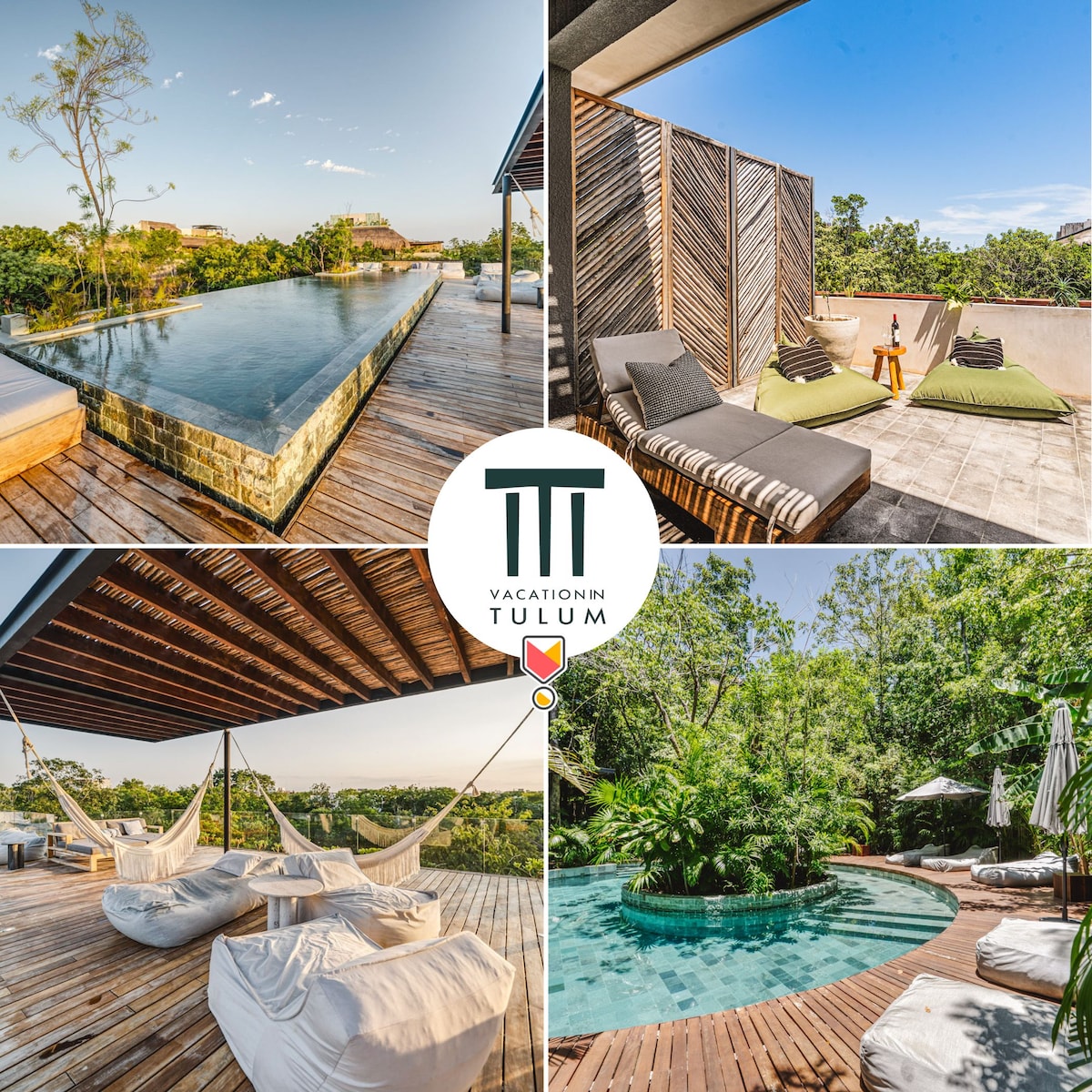 An outdoor area features a sleek infinity pool reflecting the clear sky, bordered by wooden decking. Cozy lounge chairs provide a relaxed setting, while shaded spots are filled with plush bean bags. Lush tropical greenery surrounds a tranquil plunge pool, enhancing the serene environment.