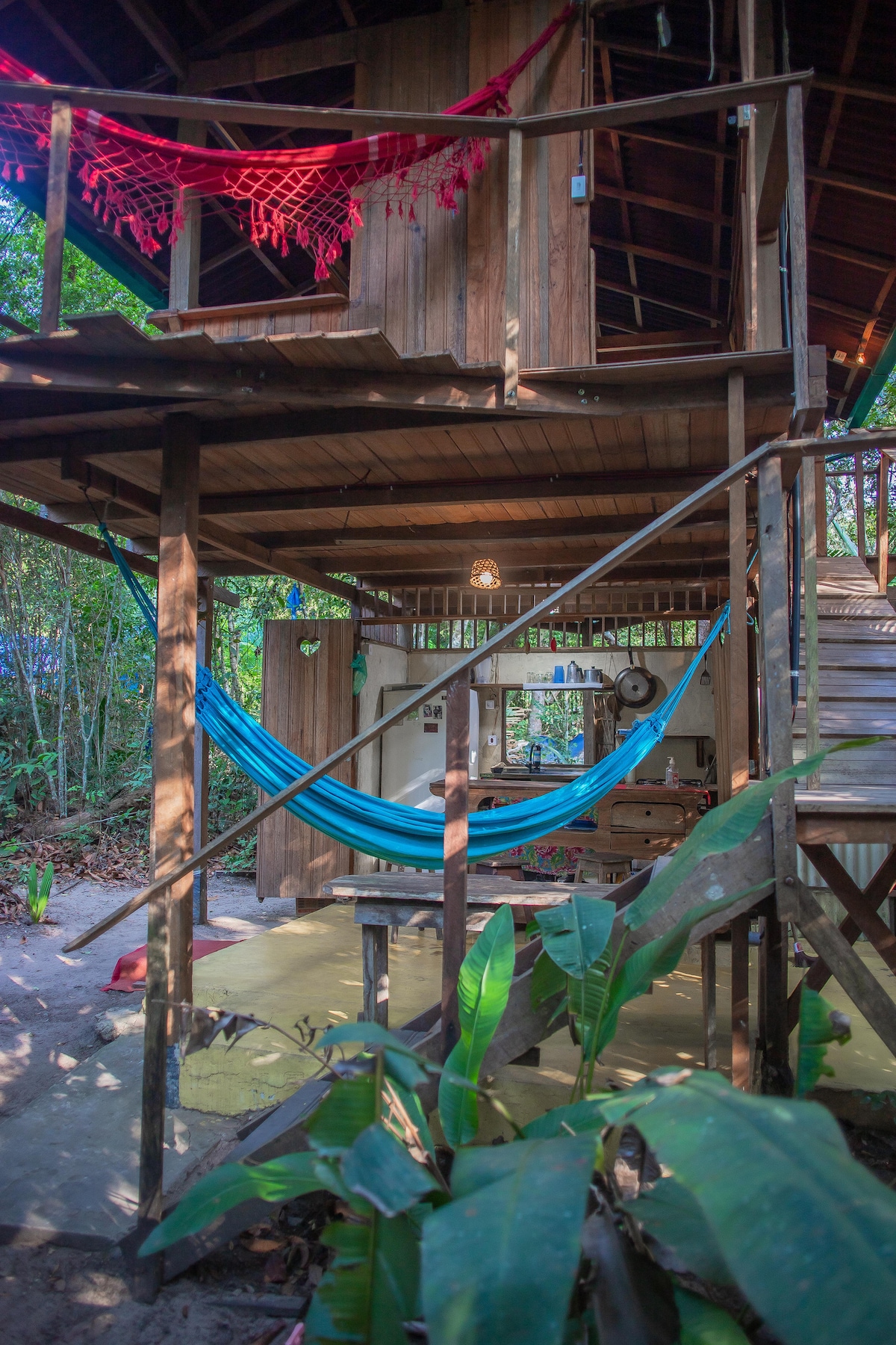 A treehouse-style bungalow is depicted, featuring wooden construction with a bright blue hammock suspended beneath a covered porch. Lush green plants surround the entrance, and the interior is visible, showcasing an open space with natural light filtering through.