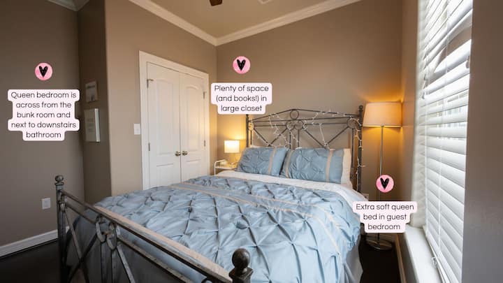 You’ll find everything you need for a great night’s sleep in the downstairs Queen bedroom. The bed is comfy, the large closet has space for your luggage (and books for you to enjoy), and the blinds open to the sunlit street of the neighborhood. 