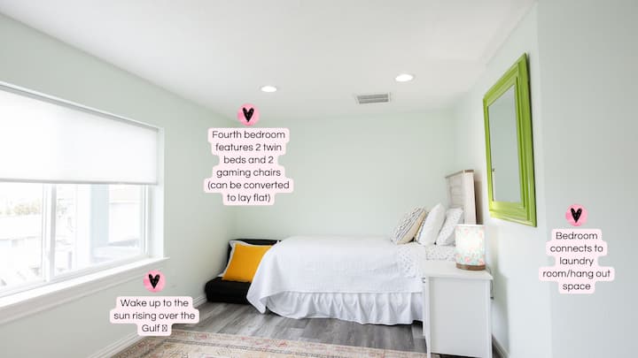 The Fourth Bedroom is one of our guests’ favorite spots. Wake up to gorgeous sunrises and relax in the space, with the backdrop of the ocean just outside. With comfy beds, storage space, and room to spread out, this room has it all. 