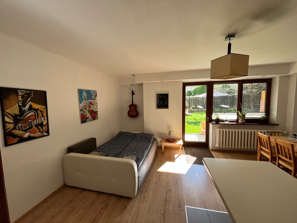 A living area features a white sofa and a spacious bed, complemented by wall art that adds color. Natural light enters through large windows, providing views of the garden. A dining table with chairs is visible, creating an inviting space for gatherings.
