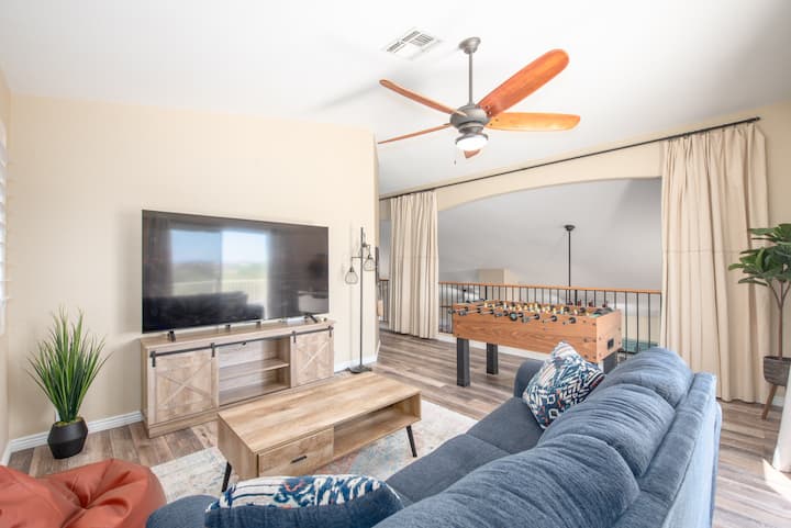 The loft on the second level is a great bonus space for work, getting away, or even as extra sleeping space. The sofa bed offers a full-size pull-out bed for those who might need it. Foosball table and scrabble add to the family fun.