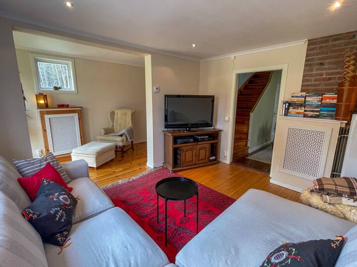 リビングルーム。写真の左側（アームチェアの後ろ）には、さまざまな子供のおもちゃや児童書が置かれている場所が見えます。 写真の右側には、寝室2と寝室3があるフロアの上までの階段が表示されています。 