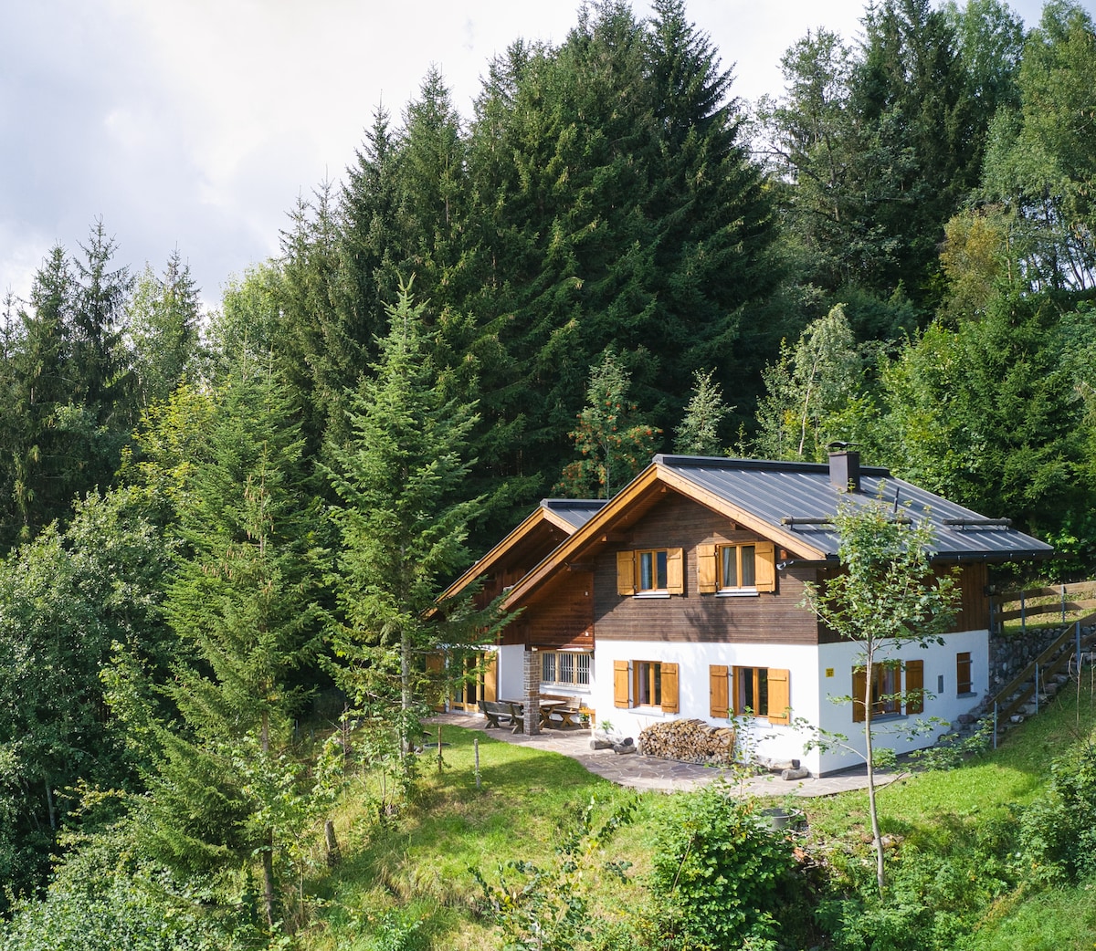 The chalet is set amidst lush greenery, with dense trees surrounding its exterior. The structure features a traditional design with a sloped roof, multiple windows, and wooden details. A small outdoor patio area is visible, providing a space for relaxation and enjoying nature.