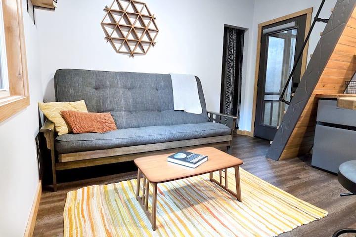 The Futon Sofa extends into a queen sized bed. Sheets and blankets are in the closet.