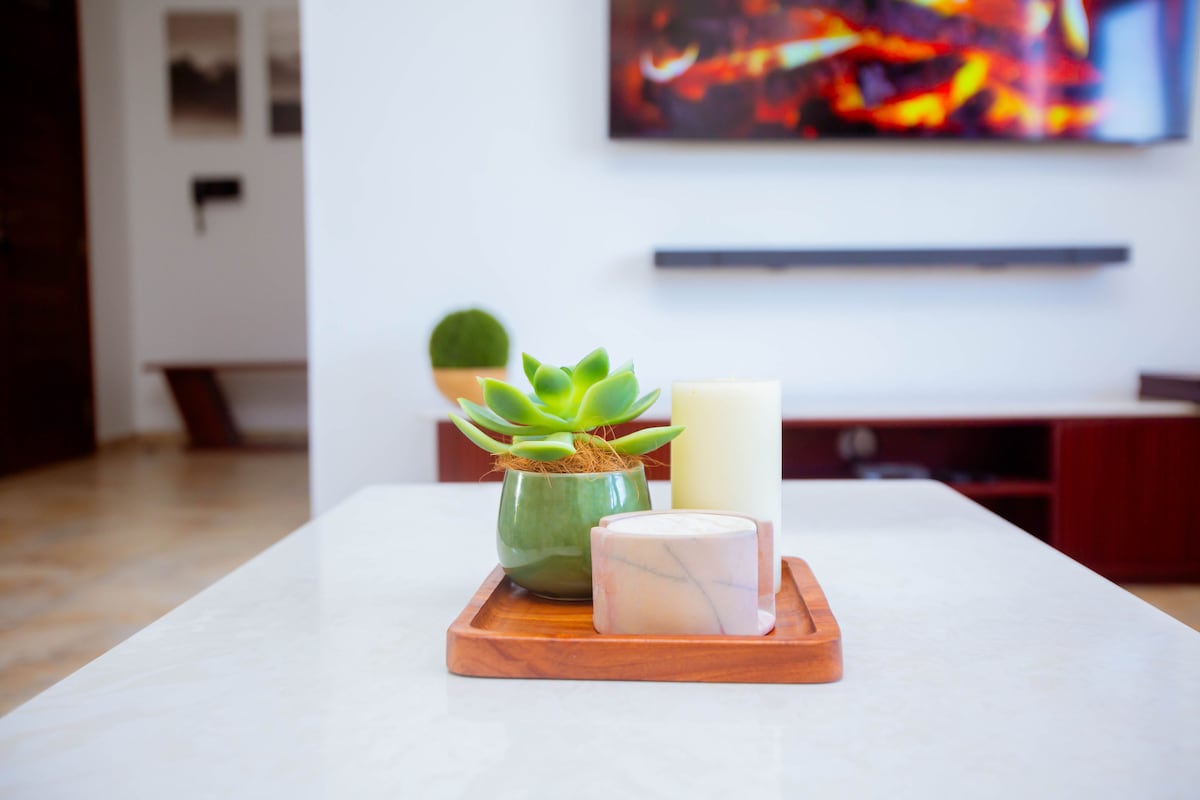 A wooden tray rests on a marble table, featuring a green potted succulent, a white candle, and a cylindrical marble candle holder. In the background, a mounted flat-screen TV is visible against a light-colored wall.