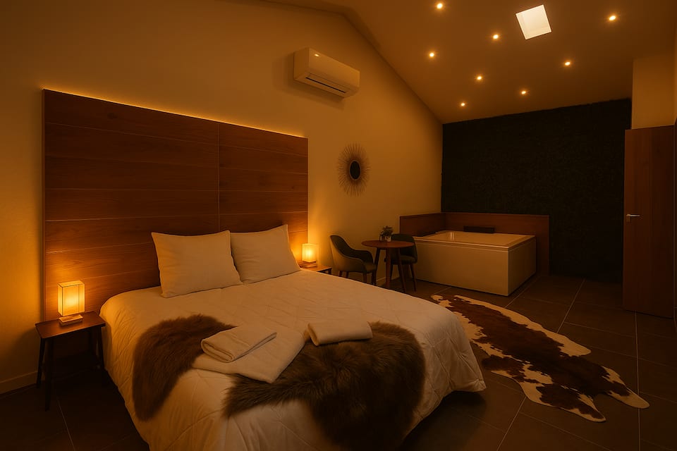 Chambre tamisée de la Suite Paradise avec baignoire balnéo