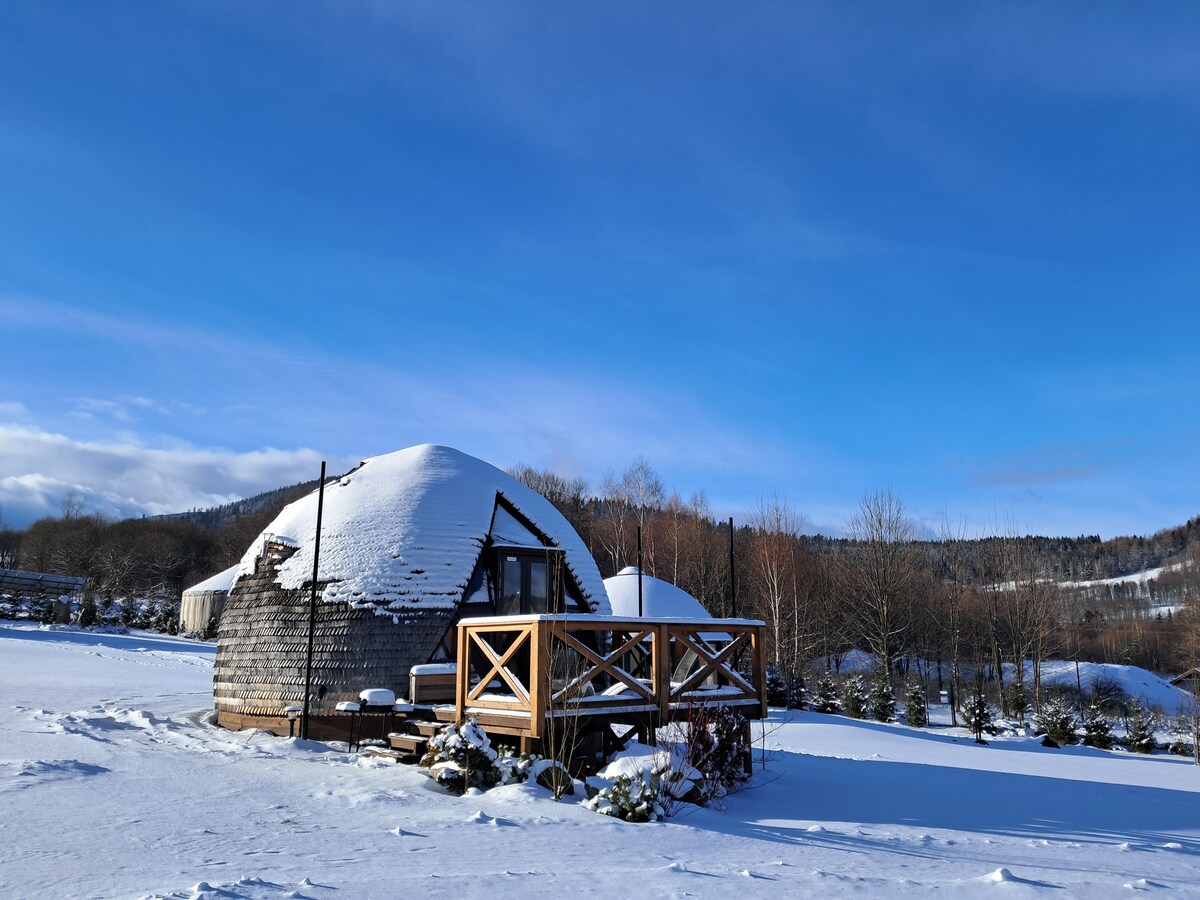A unique dome-shaped structure is surrounded by a snowy landscape, with a wooden deck in the foreground. The sky is clear and blue, and the serene atmosphere is emphasized by the snow-covered ground and distant trees.