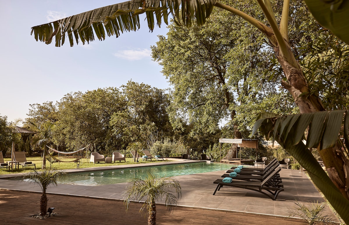 A serene outdoor area features a spacious swimming pool surrounded by a manicured lawn and mature trees. Comfortable sun loungers line the poolside, while a shaded seating area and a hammock provide relaxation. Lush greenery enhances the tranquil setting, inviting casual gatherings.