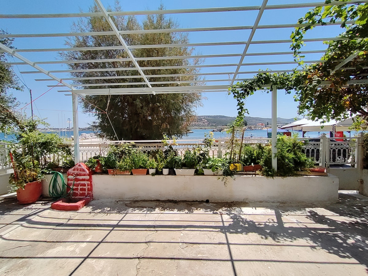 A sunlit garden area is featured with various plants in pots, including herbs and flowers, located in front of the house. A view of the port is visible in the background, along with the shimmering water. A shaded trellis overhead provides relief from the sun.