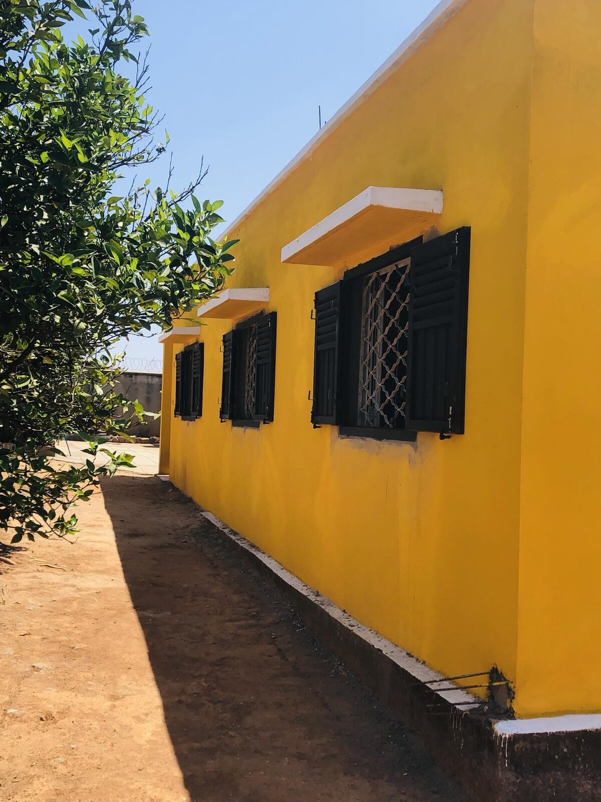 A bright yellow exterior of a house is shown, featuring dark shutters at each window. The surrounding area includes lush green foliage, while a pathway runs alongside the building, leading to the entrance.