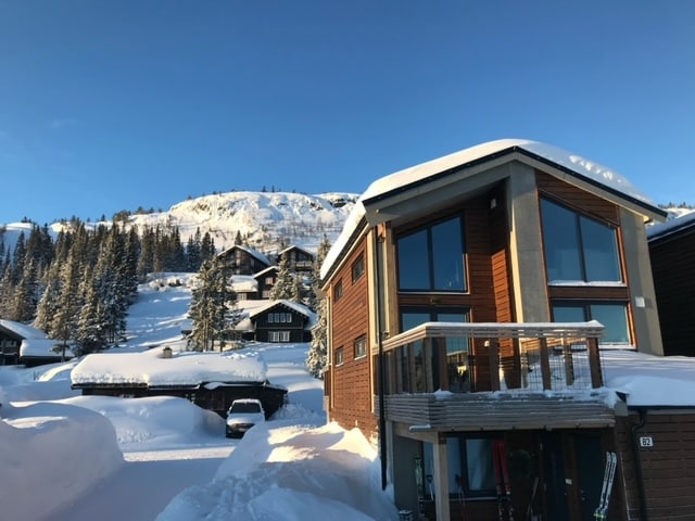 A modern cabin is situated in a snow-covered landscape, surrounded by towering trees. The upper level features large windows that reflect natural light, while a terrace extends from the main entrance. Nearby structures are visible, adding to the serene mountain atmosphere.