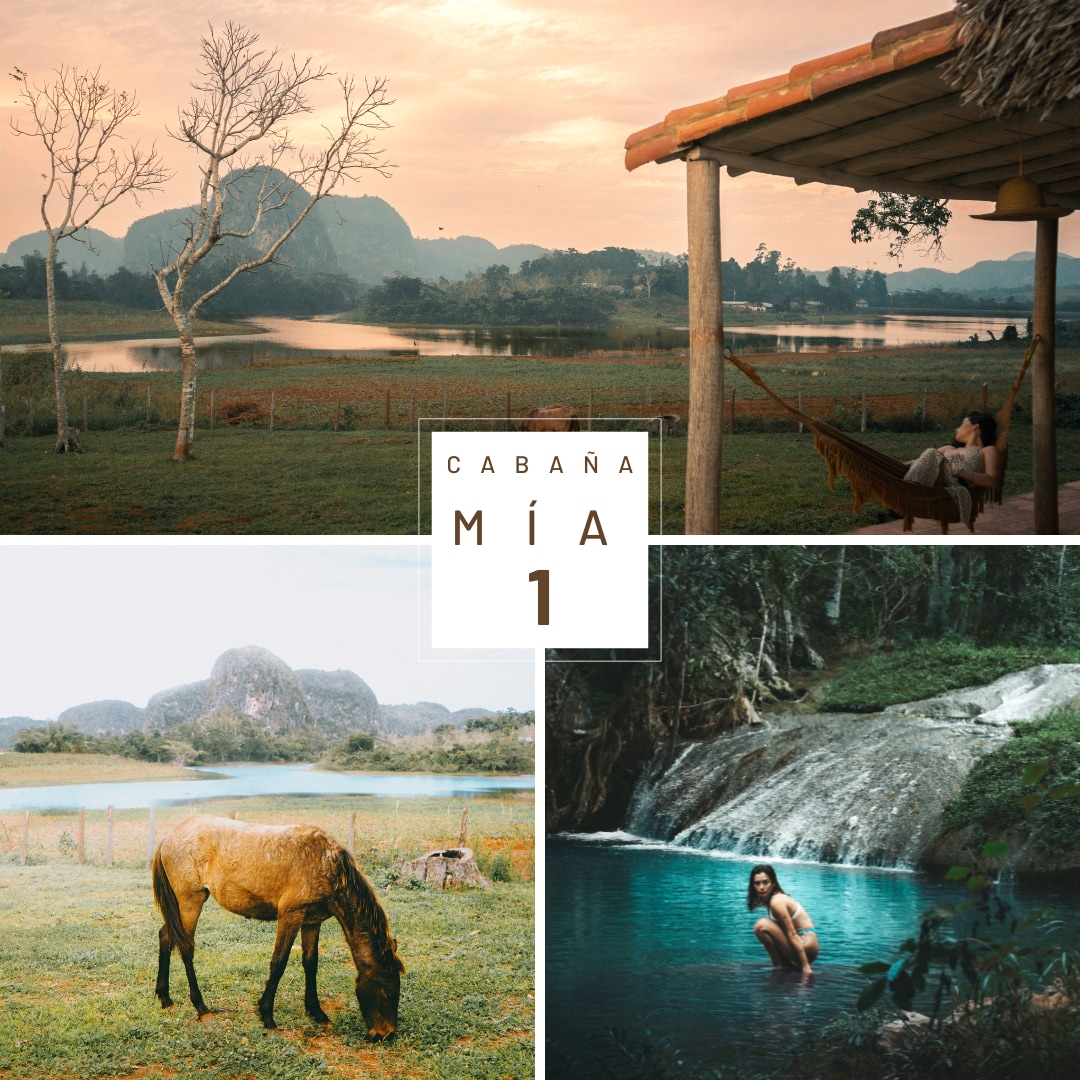 A scenic view showcases lush green fields leading to majestic mogotes under a soft sunset sky. A wooden thatched-roof cabin stands on the right, paired with a hammock for relaxation. A tranquil body of water reflects the surrounding landscape, and a horse grazes peacefully nearby.