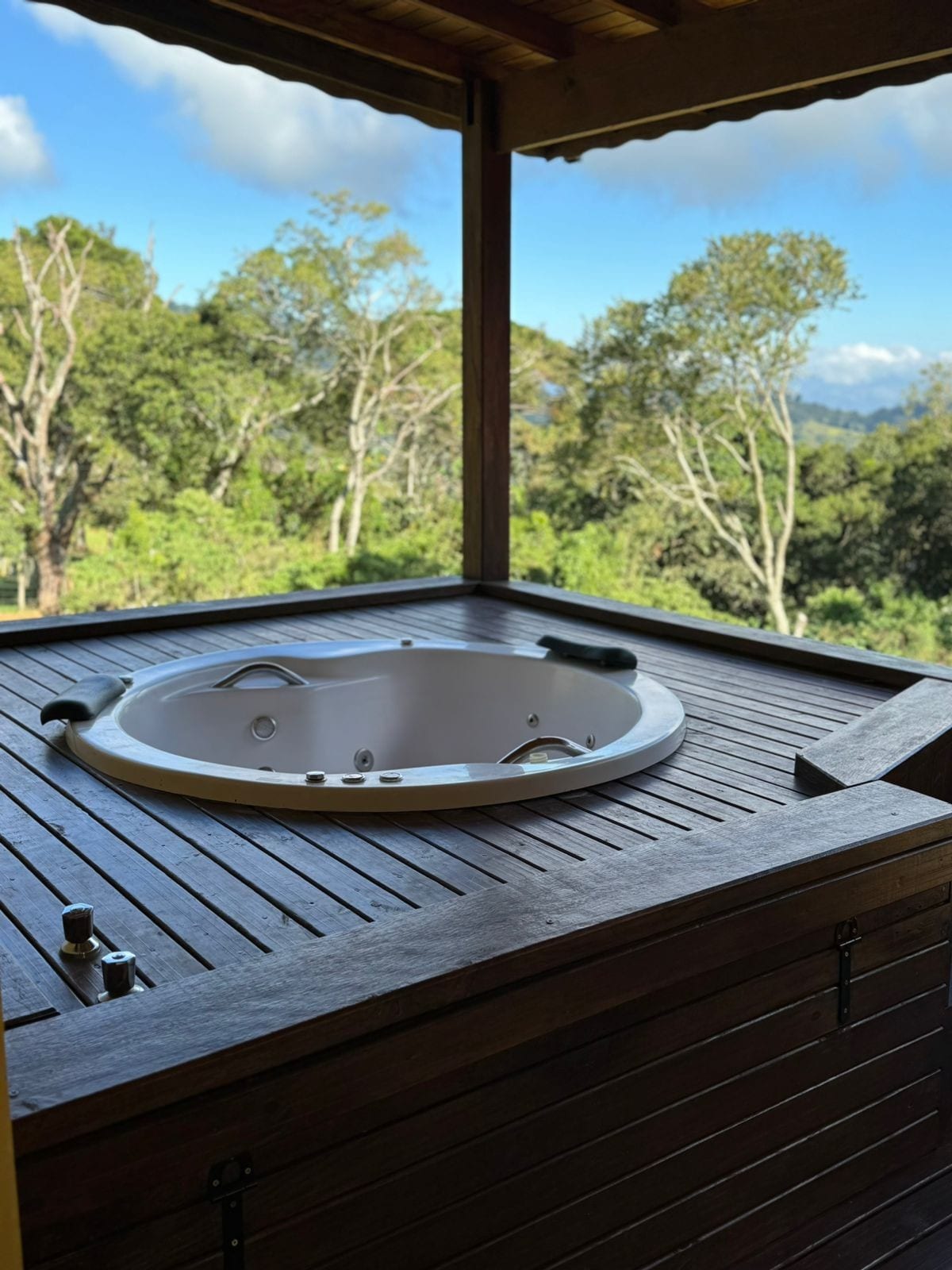 A private outdoor hot tub is positioned on a wooden deck, surrounded by nature. The tub features sleek white edges and comfortable handles. Lush greenery and trees are visible in the background against a bright sky, creating a serene ambiance.