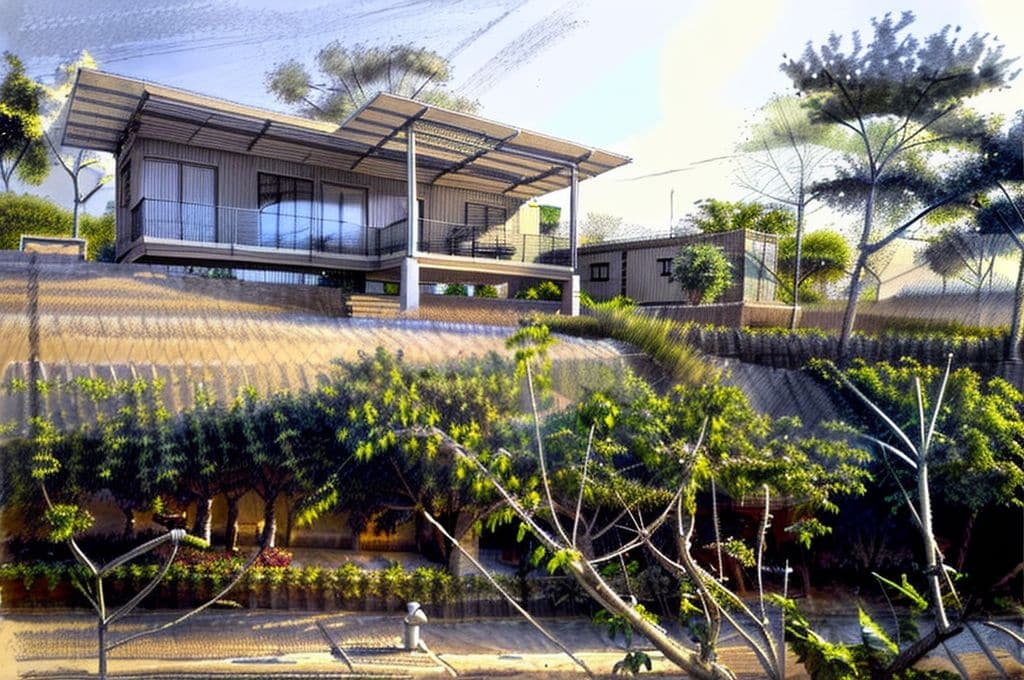 A modern container home is situated on a hillside, surrounded by lush greenery. The structure features large windows and a spacious terrace, providing scenic views. The landscape is enhanced by well-maintained gardens and tree lines, creating a tranquil environment.