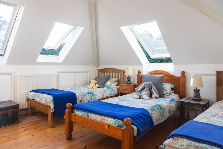 Habitación triple en el último piso, extremo opuesto del pasillo a la habitación superking con baño compartido en el medio. Ideal para familias.
Ventanas triples.
Vestirse, juegos, libros, luces nocturnas, juguetes suaves.