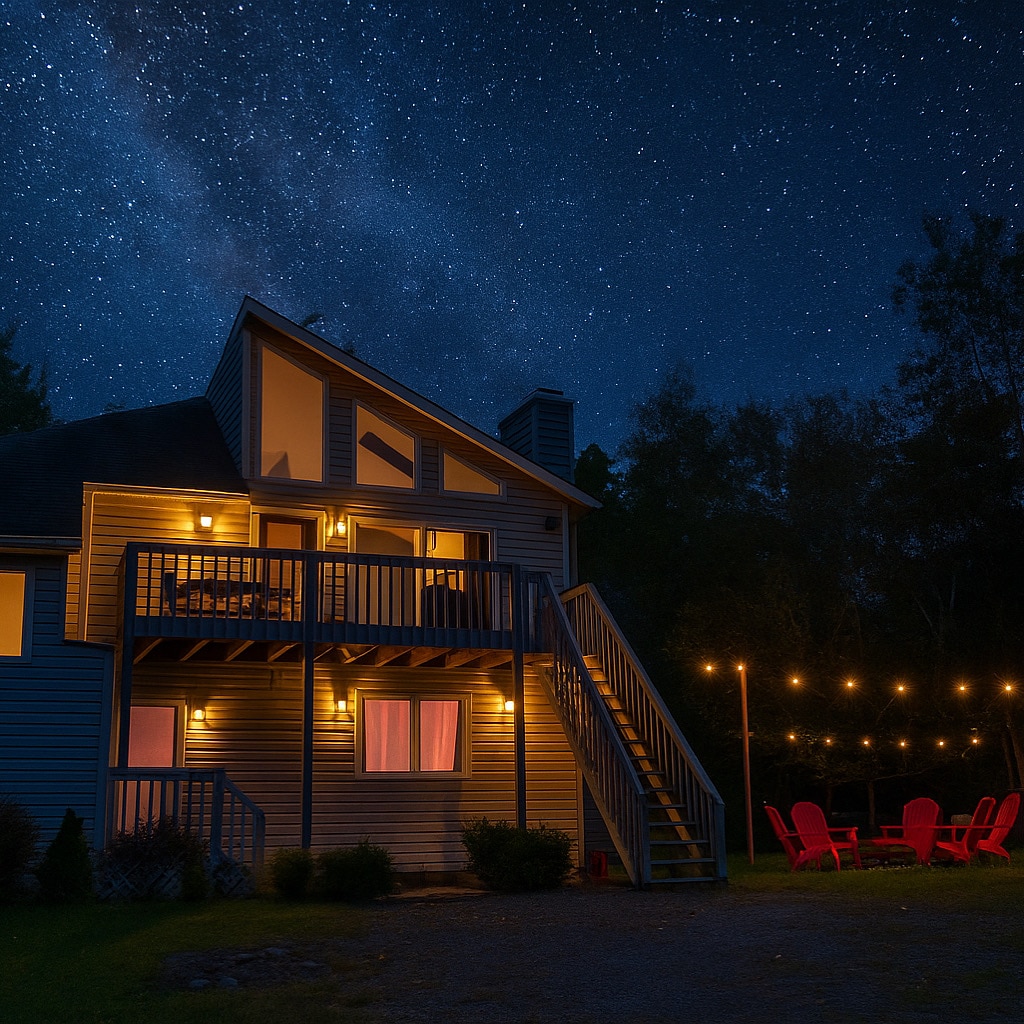 The chalet is illuminated under a starlit sky, featuring a charming second-floor balcony and warm light spilling from the windows. The outdoor area includes a string of lights and red Adirondack chairs, creating a serene setting for evening relaxation.