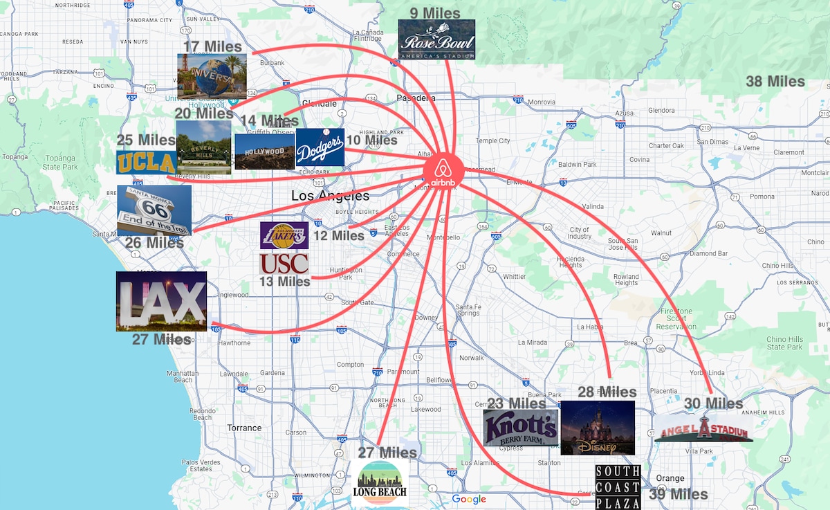 A map is displayed, highlighting various points of interest around Los Angeles and Alhambra. Notable locations include UCLA, Dodger Stadium, and LAX, with distances ranging from 9 to 39 miles. Red lines connect the guest suite to these attractions, indicating accessibility.