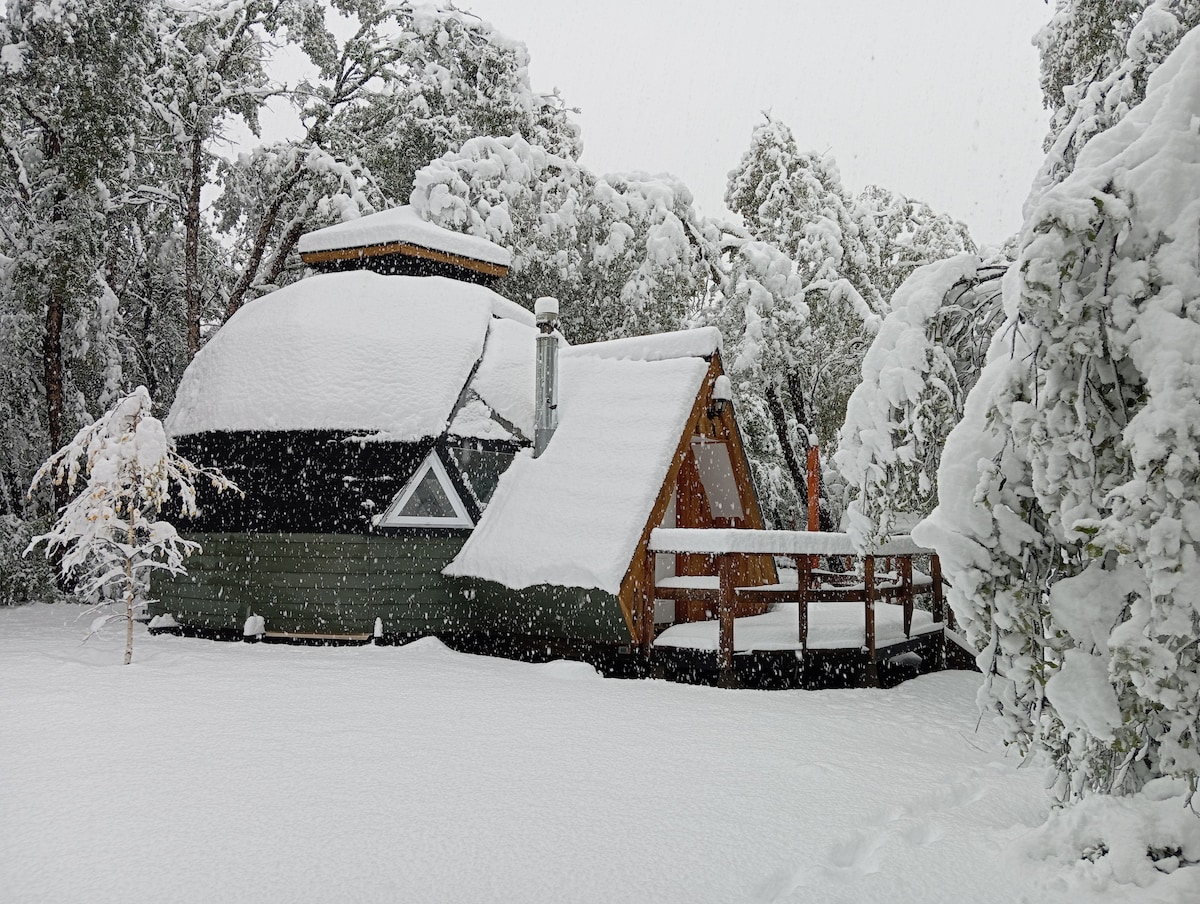 A rustic dome-shaped structure is enveloped in a blanket of snow, surrounded by trees heavily laden with white snow. The wooden deck is visible, showcasing the entrance, while snowflakes fall gently, creating a serene winter landscape.