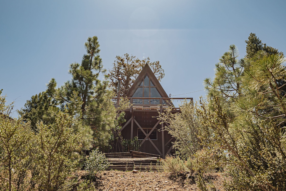 A charming A-Frame cabin is nestled among varied foliage, showcasing its distinct architectural lines under a clear blue sky. The expansive deck is visible, supported by sturdy wooden beams, while pine trees surround the structure, providing a sense of seclusion in a natural setting.