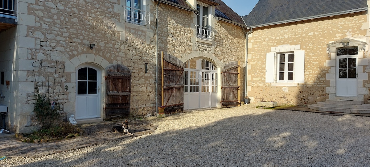 An old renovated farmhouse is featured, showcasing a gravel courtyard with natural stone walls. Double wooden doors and windows allow light to filter in. A dog is seen resting on the ground, complementing the serene outdoor environment.