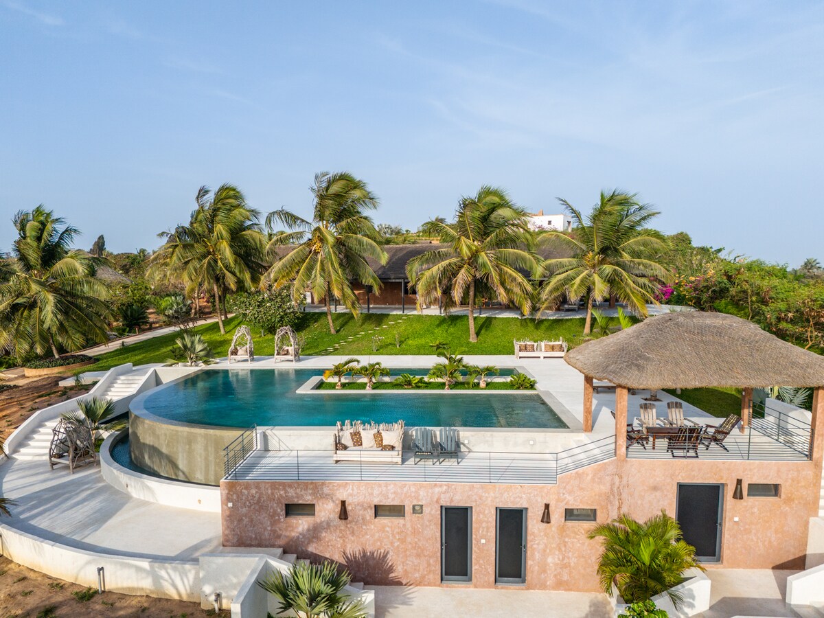 An aerial view captures a lush garden surrounding a large infinity pool, its surface reflecting the sky. Palm trees sway gently, adding to the serene atmosphere. A shaded gazebo offers seating, while the modern structure blends harmoniously into the landscape.