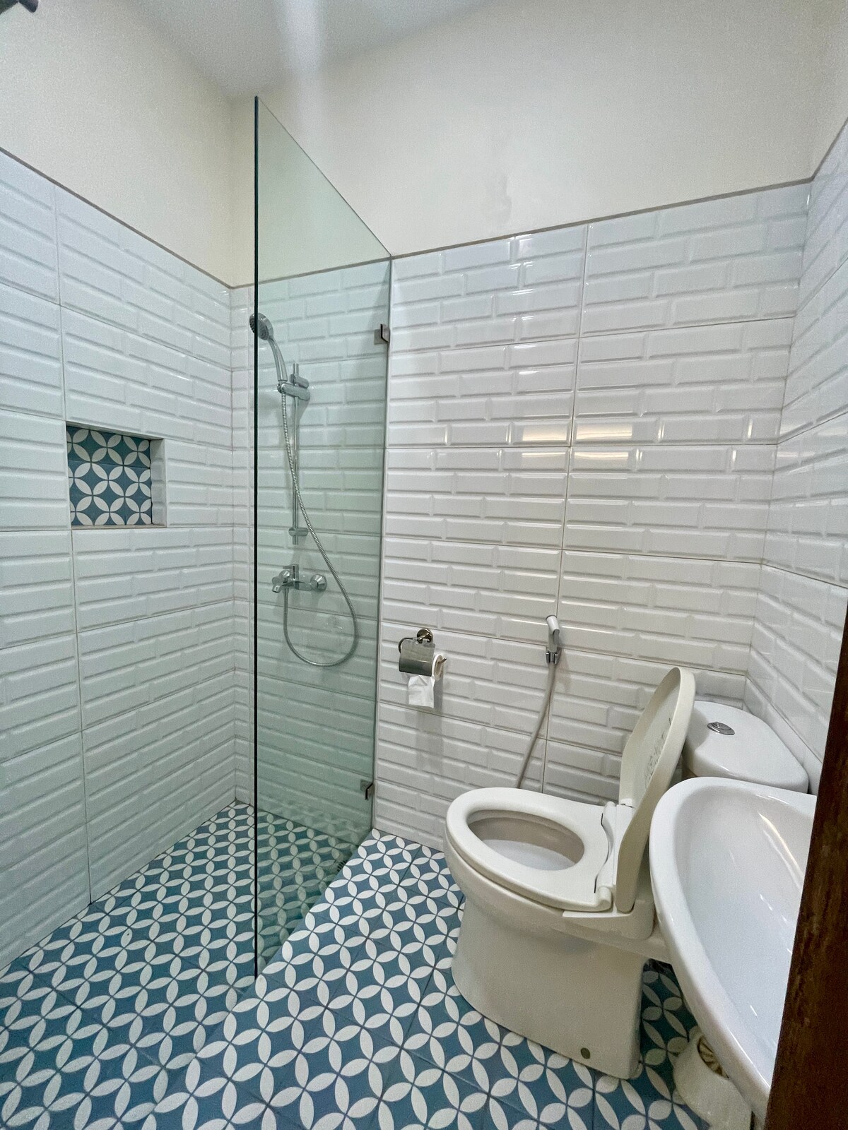 A modern bathroom is showcased, featuring a glass shower enclosure with a handheld showerhead. White tiles line the walls, contrasted by a patterned blue and white floor. A toilet is positioned beside the shower, and natural light illuminates the space.