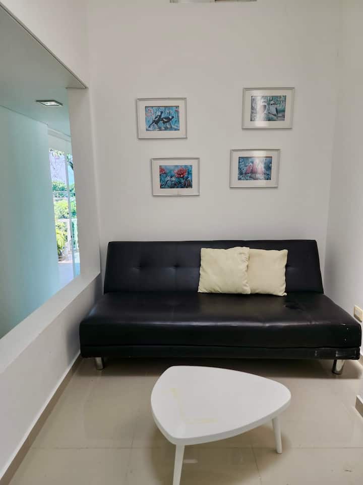 Sebule/studio yenye nafasi kubwa katika eneo lililo wazi lenye kitanda cha sofa cha starehe na meza ya kahawa. Inaweza kutumika kama kitanda cha ziada (watu 2) kwa vikundi vyenye umri wa zaidi ya miaka 18. Mito na mablanketi ya ziada yamejumuishwa kwa ajili ya starehe ya ziada.