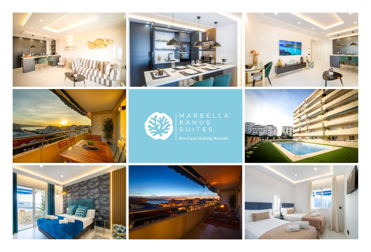 A collage captures various views of a modern apartment, including a well-furnished living area, a dining space with stylish chairs, and bedrooms featuring large windows. Scenic sea views and a communal swimming pool area are also visible, enhancing the appeal of this inviting space.